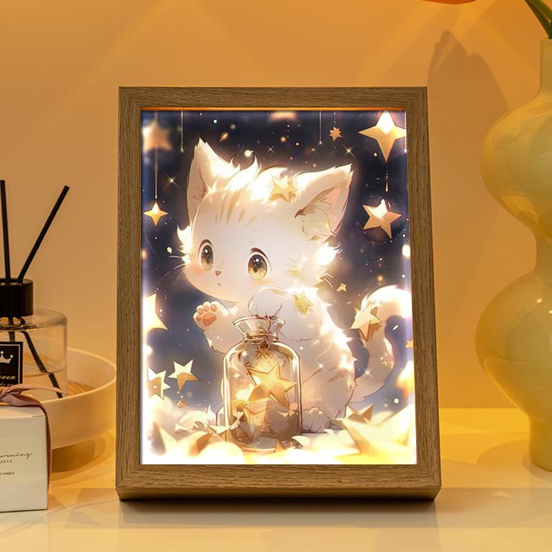 治愈系猫咪灯光画儿童床头发光小夜灯动物油画装饰画框相框开灯画图片