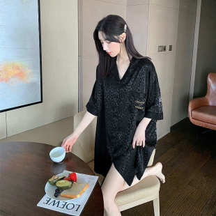 ins睡裙女夏款 睡衣 丝滑冰丝蕾丝花边纯欲风简约开衫 宽松五分短袖