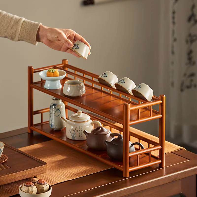 桌面博古架实木小型茶杯架子茶具收纳层架紫砂壶置物架中式装饰摆