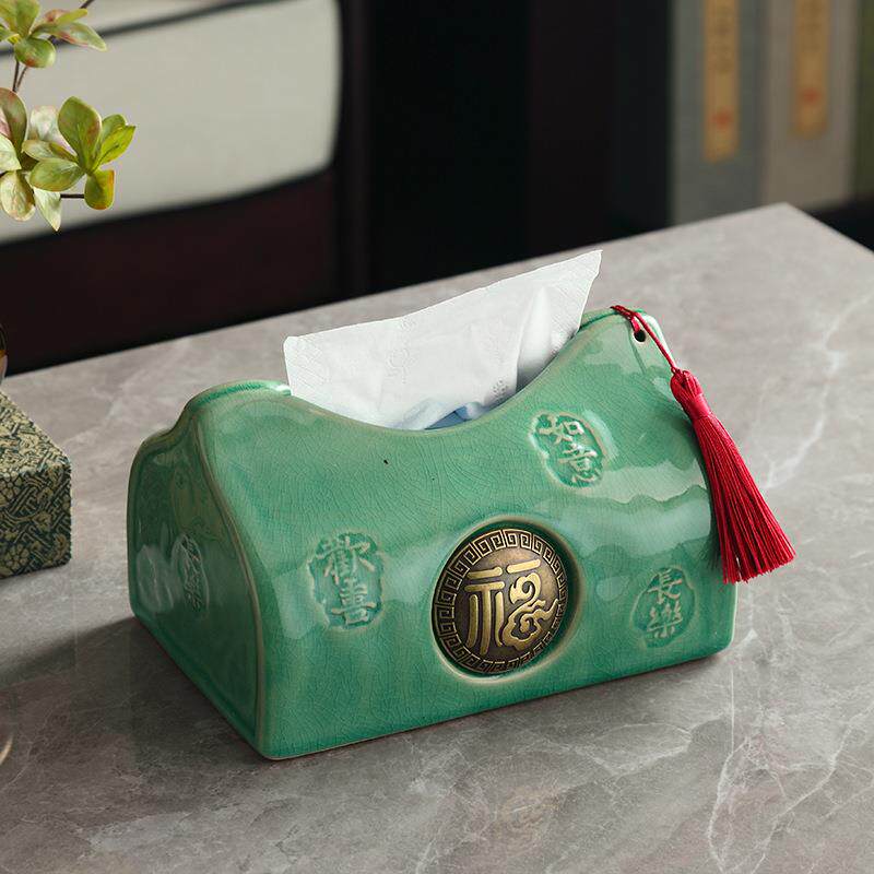 纸巾盒客厅摆件中式设计感布袋抽纸盒家用茶几餐桌冰裂陶瓷纸抽盒