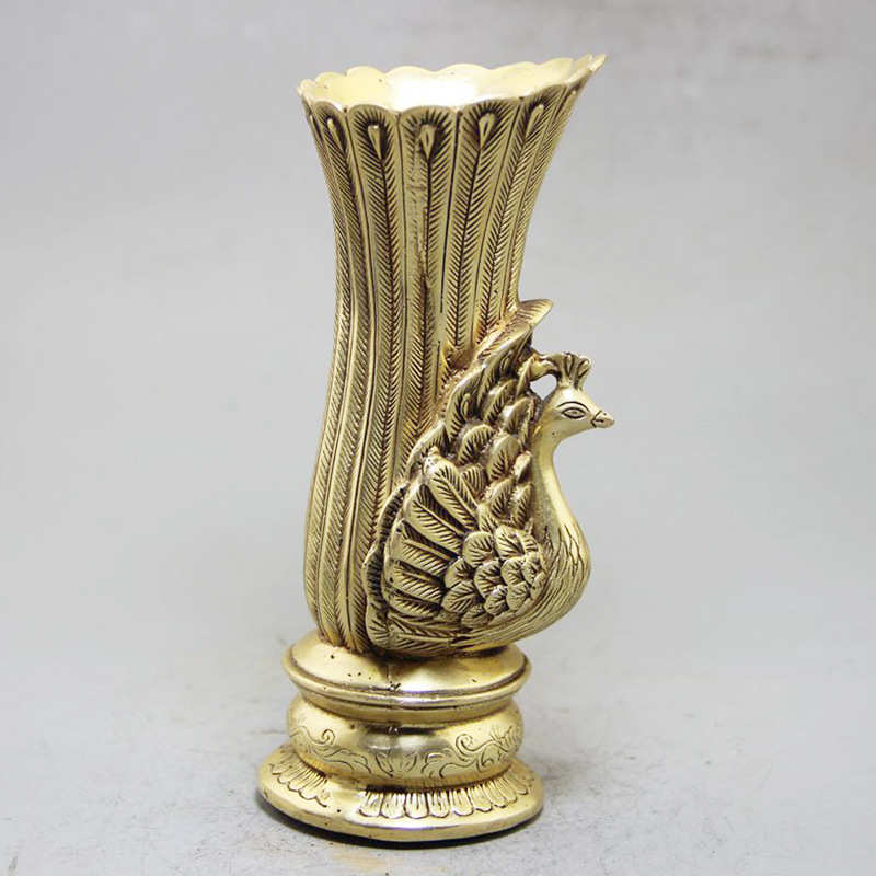 黄铜复古做旧孔雀开屏小花瓶 工艺品批发家居装饰品艺术品3