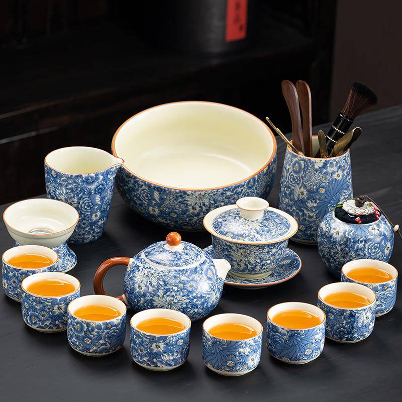繁花茶具套装家用汝窑功夫整套陶瓷盖碗茶汝窑客厅泡茶壶泡茶茶杯