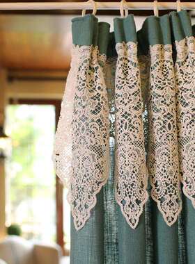 美式窗乡村风ZL2复孔雀绿古隔窗帘蕾丝门帘断帘卧室棉麻帘