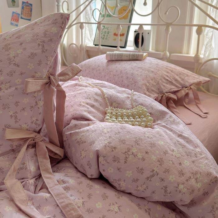 新款少女蝴蝶结绑带款棉麻碎花四件套双人床被套床单款四件套