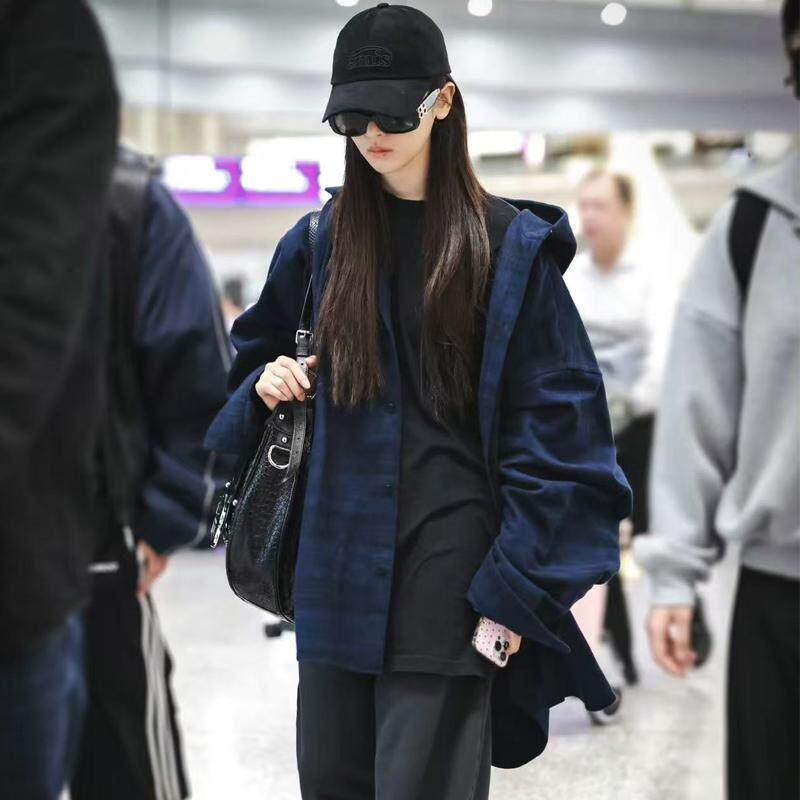 杨超越同款蓝色格子衬衫女磨毛宽松休闲连帽衬衣外套2025春秋新款