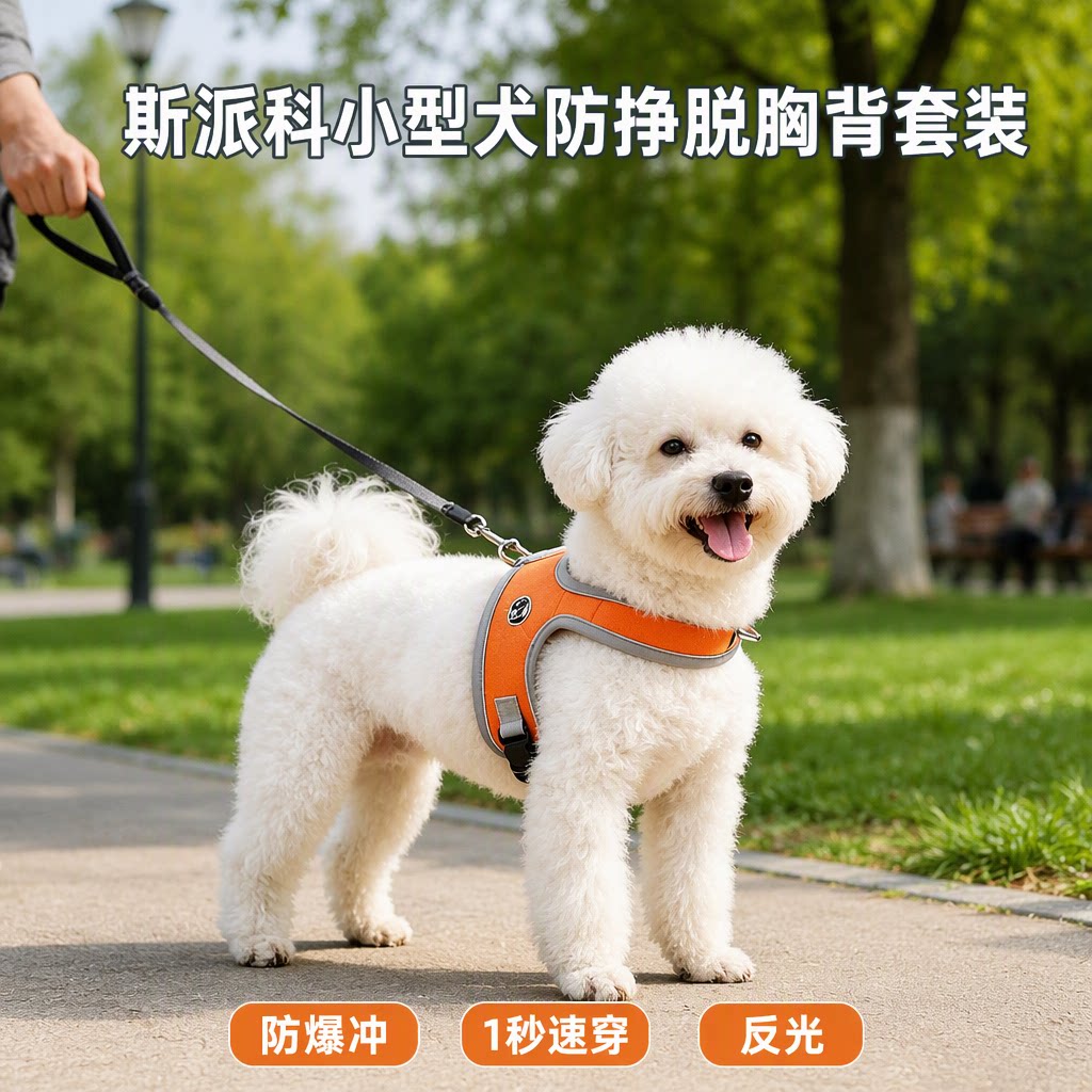 斯派科小型犬胸背带防挣脱牵引绳马鞍式速穿反光网眼背心防爆冲