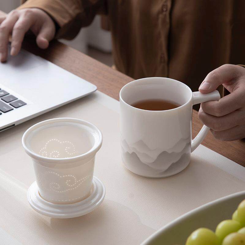 羊脂玉千里江山泡茶杯陶瓷茶水分离杯带盖过滤马克杯白瓷杯子