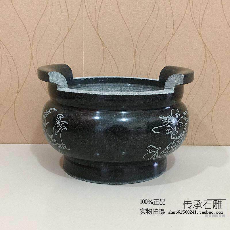 石雕香炉石头精美香炉吉祥如意香炉青石圆形带耳朵23-36CM佛用品