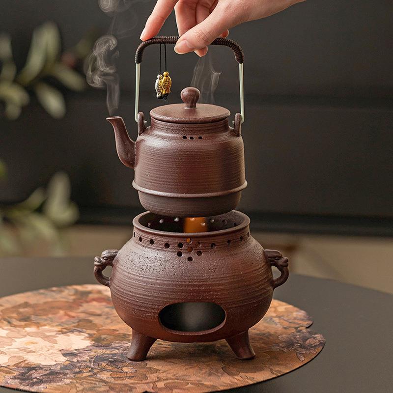 粗陶红泥煮茶套装暖茶炉温茶炉家用复古茶壶加热底座酒精炉碳火炉