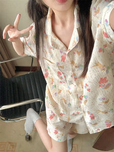 网红ins风甜美可爱小熊睡衣女夏季2024新款学生短袖套装家居服薄