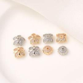 14k包金微镶锆石花朵形花托，手工diy珍珠，水晶玉石手链隔珠花帽材料