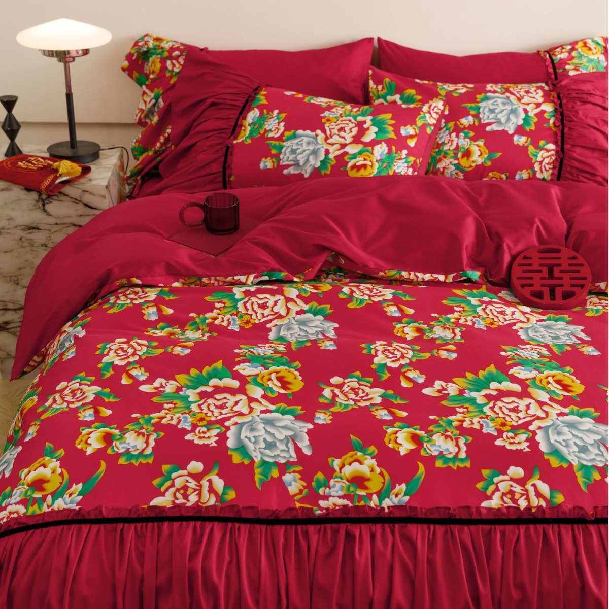 大红色中被套四1北大米.数码印花1008袄长绒棉国风支结婚东花件套