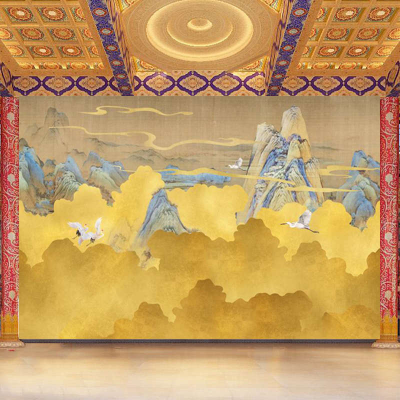 新款复古祥云飞鹤壁画古风山峰仙鹤道家背景墙纸客厅茶室仙台佛堂