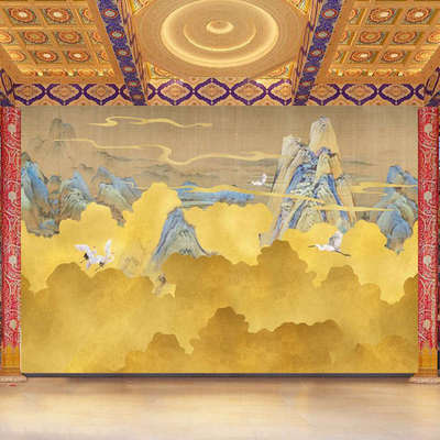 复古祥云飞鹤壁画古风山峰仙鹤道家背景墙纸客厅茶室仙台佛堂壁纸
