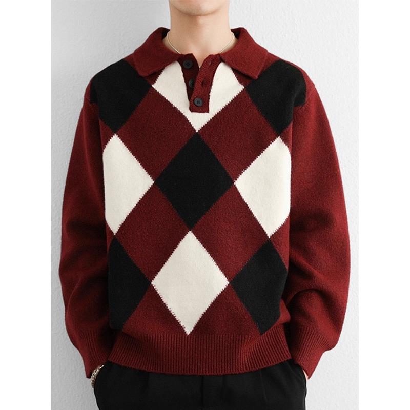 秋冬毛衣男士新款上衣菱格季红色针织衫翻领衫内搭保暖打底0926c