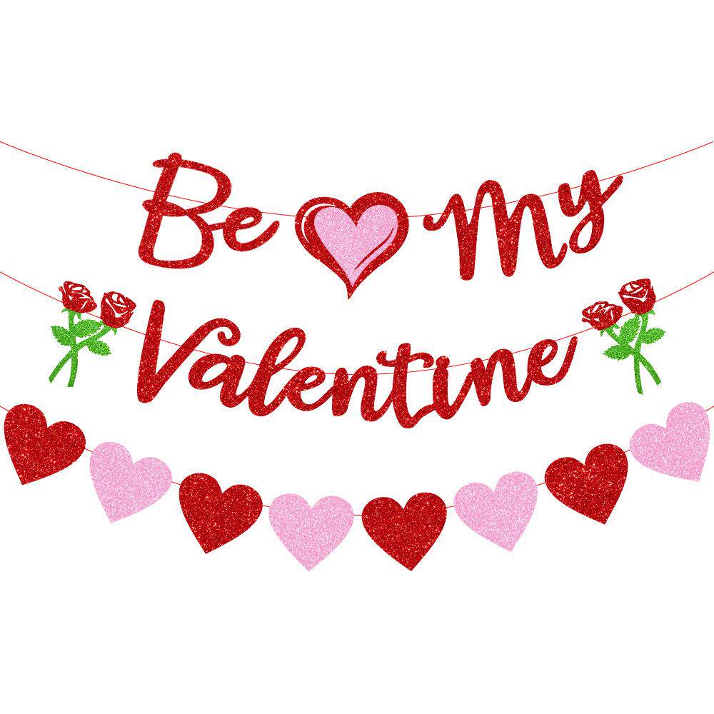 新品超闪be my Valentine爱心拉旗横幅玫瑰花装饰 情人节场景用品