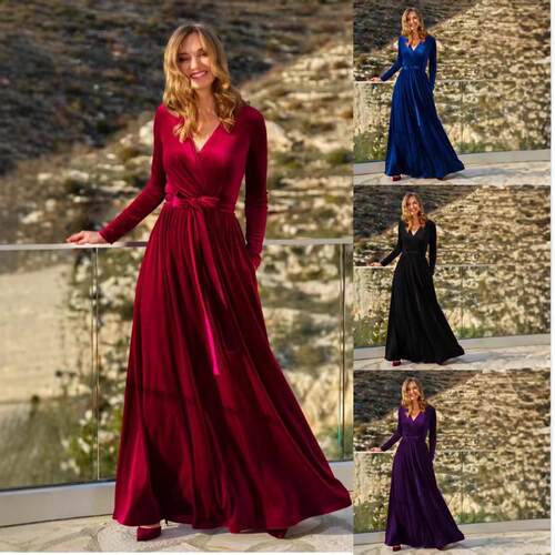 Women's Velvet Long V-neck Bridesmaid Dress