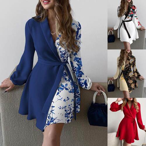 Women's floral print lapel long sleeved lace up waist