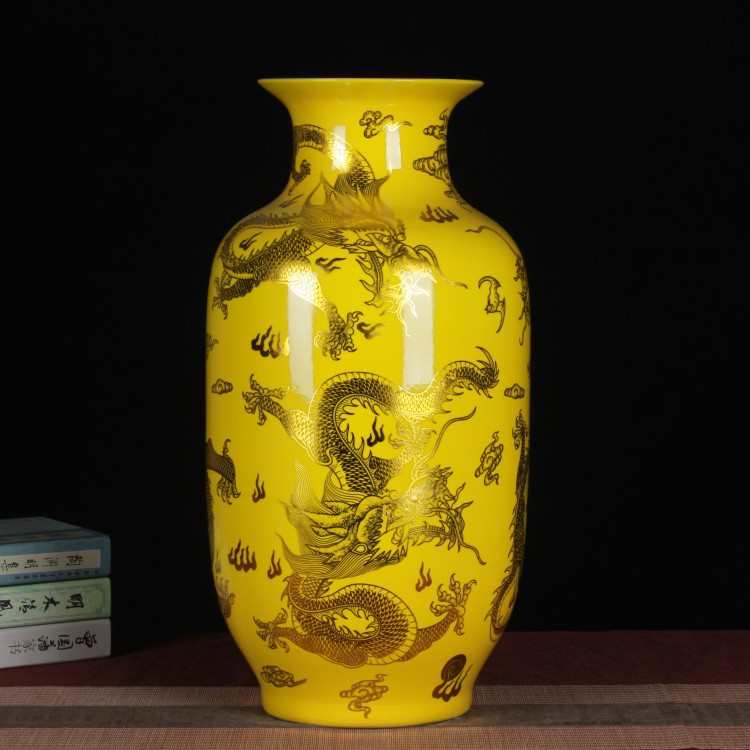 中式地大金龙 珐琅工艺品景德镇摆设陶瓷彩冬瓜黄色 花瓶落家居