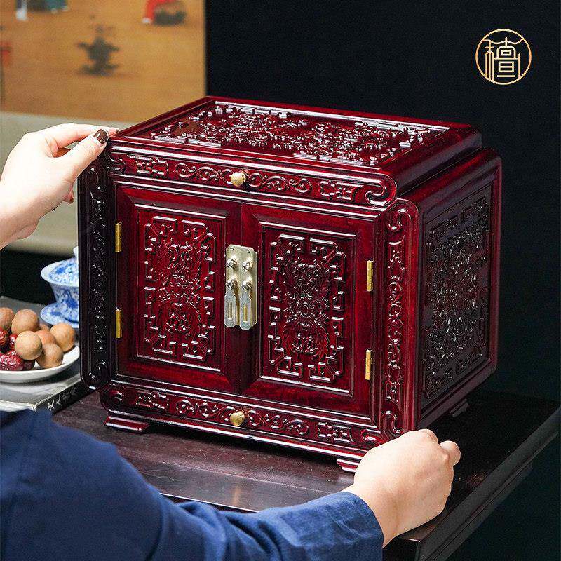 红木首饰盒复古高档血檀实木饰品耳环珠宝手镯收纳盒结婚嫁妆送礼