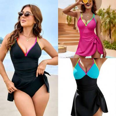 Womens Dopamine Colorblock Dress Swimsuit Backless Cutout