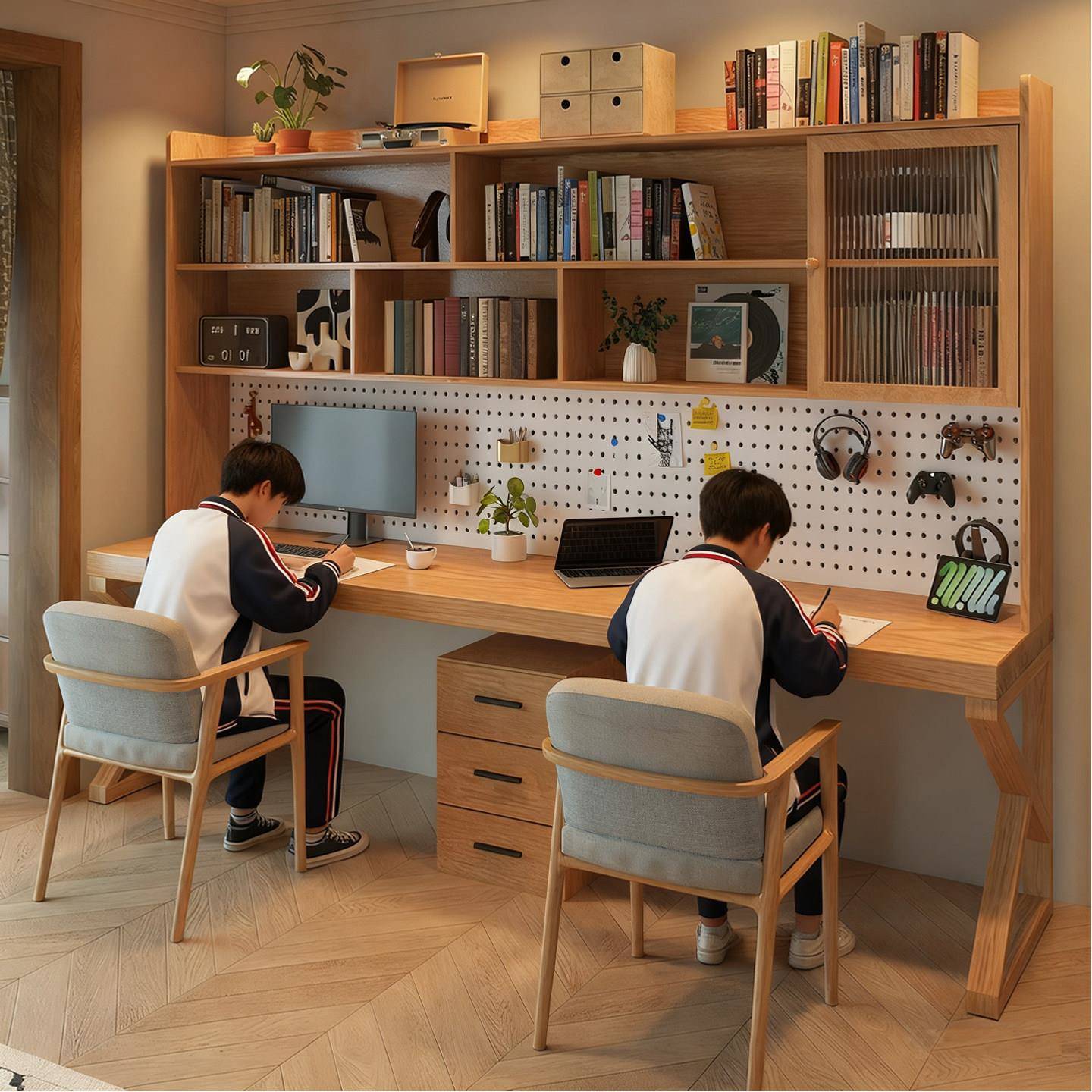 实木书桌书架书柜一体靠墙学习桌双人工作台家用书房电脑桌办公桌