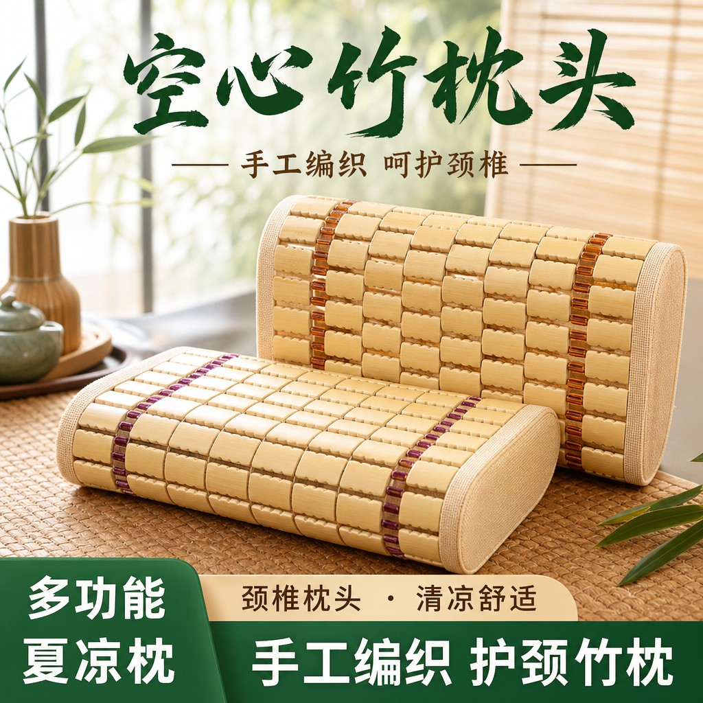 夏季竹粒麻将枕实木空心竹编透气凉枕竹片护颈枕家用通风凉爽夏枕