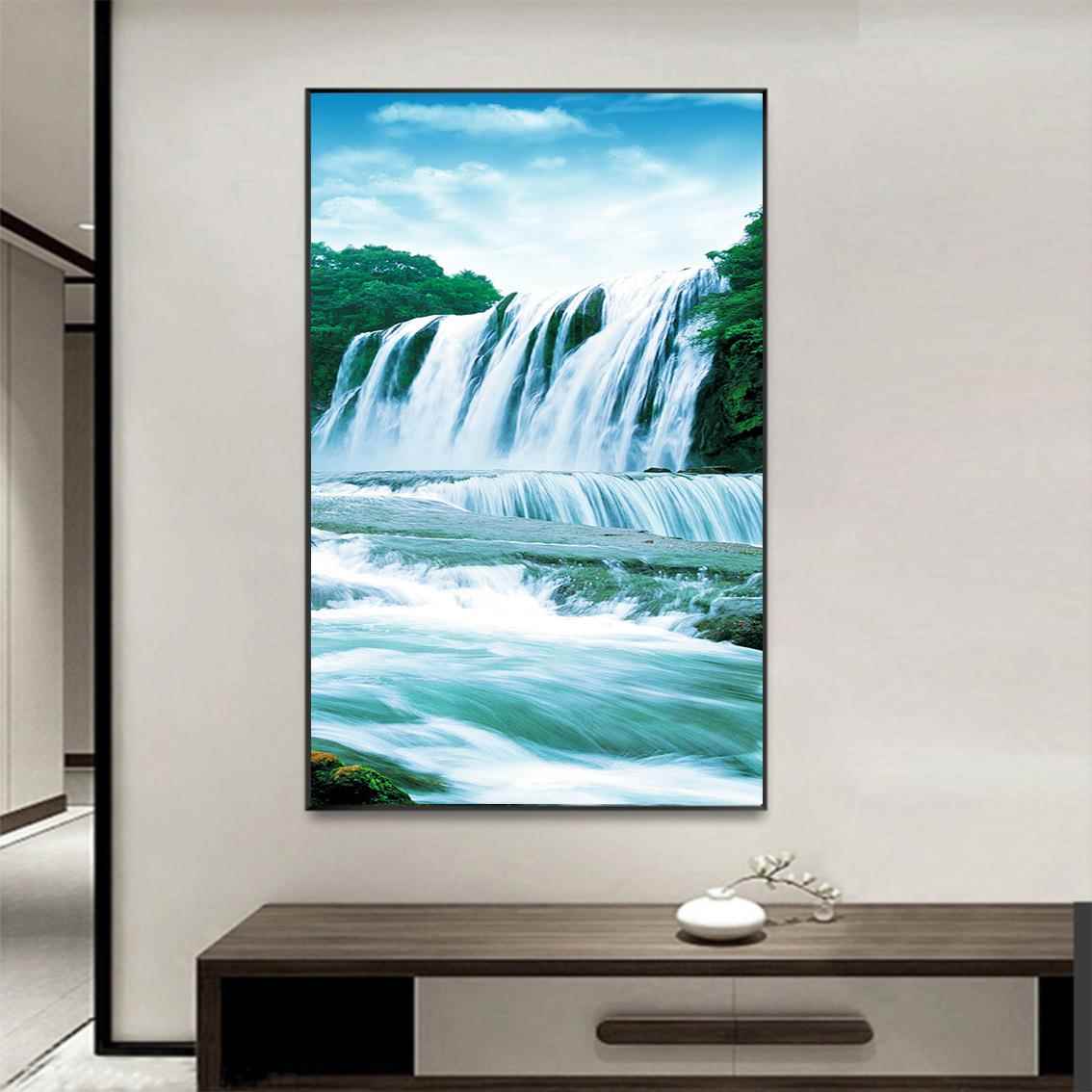 流瓷水生黄果树瀑布财聚宝盆风景画客厅走过PDZ廊道玄关装饰晶框