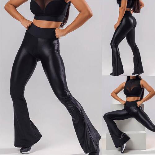 Splicing imitation leather wide leg flared pants with
