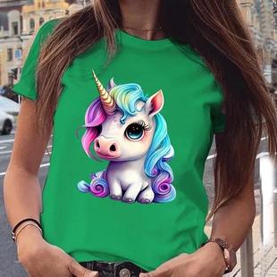 Rainbow Unicorn Pattern Round Neck Short Sleeve T-Shirt