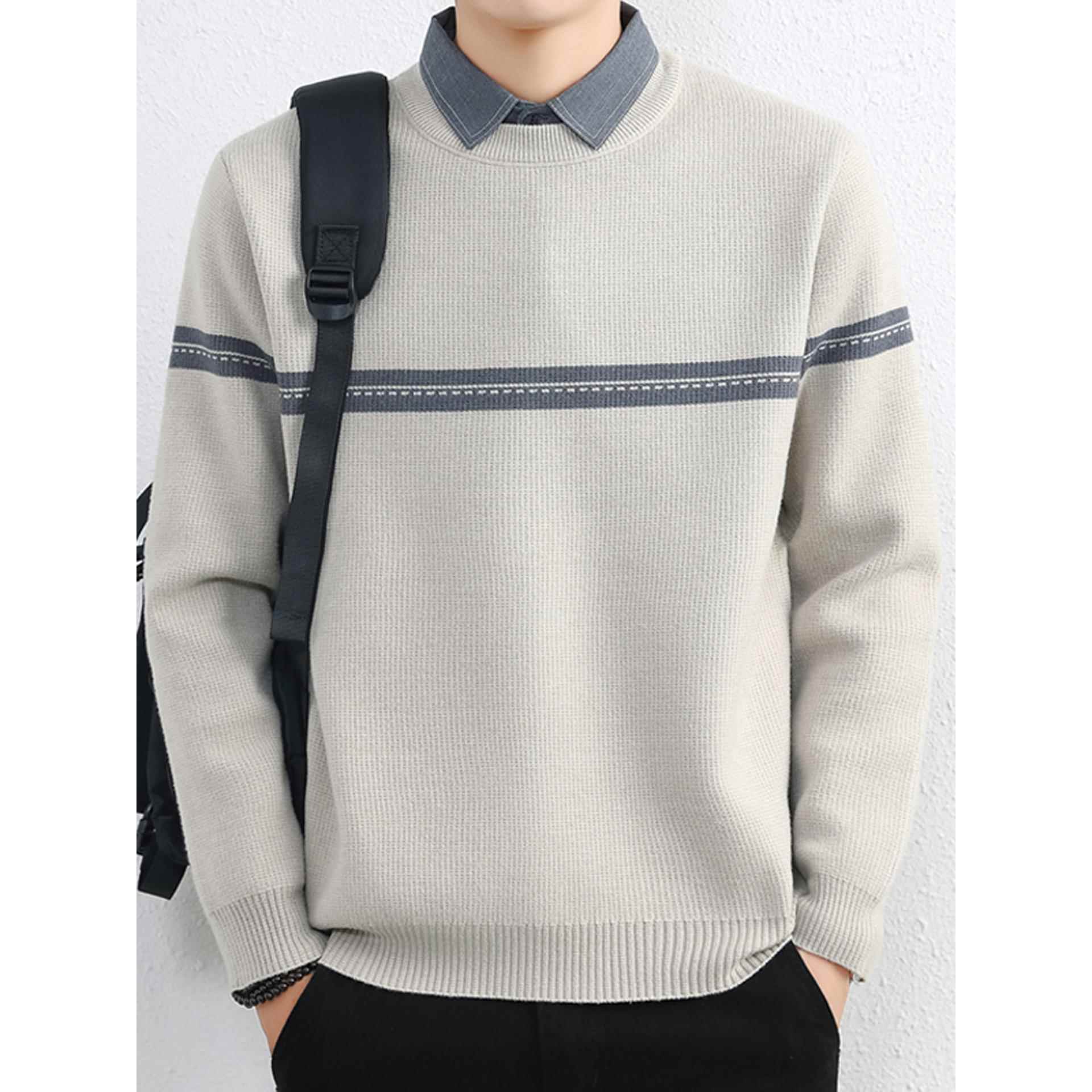 秋冬季新款感假两件毛衣男撞色条纹加绒加厚衬衫领针织衫1204n