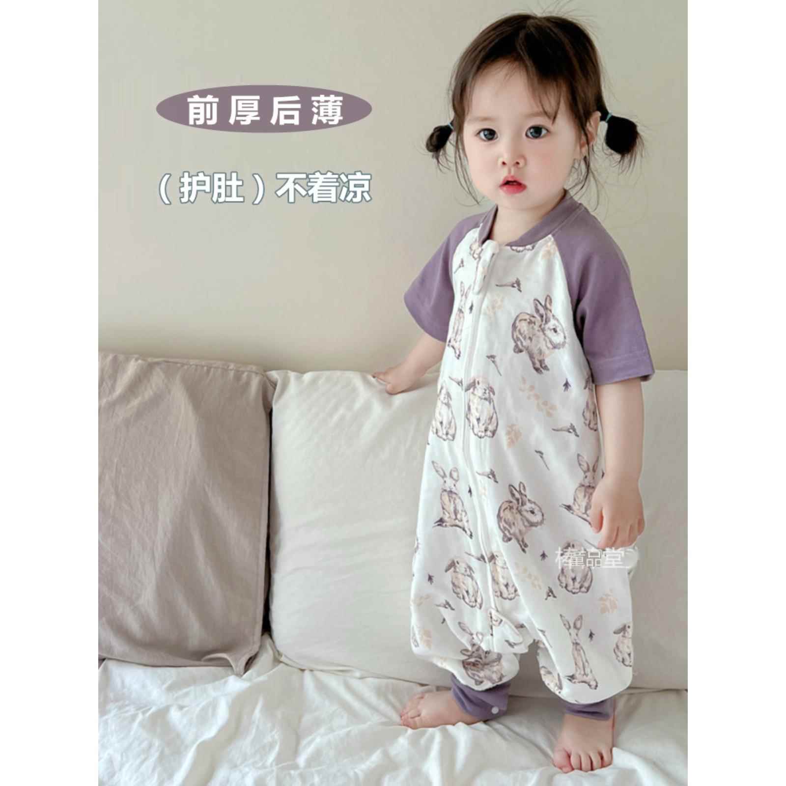婴幼儿夏季短袖纱布分腿睡袋宝宝冷气房防踢被前厚后薄连体睡衣童