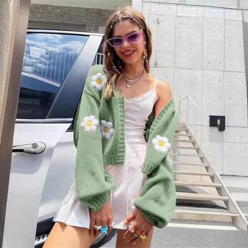 Sweater Coat Cardigan Womens Casual Knit Floral Winter Neck