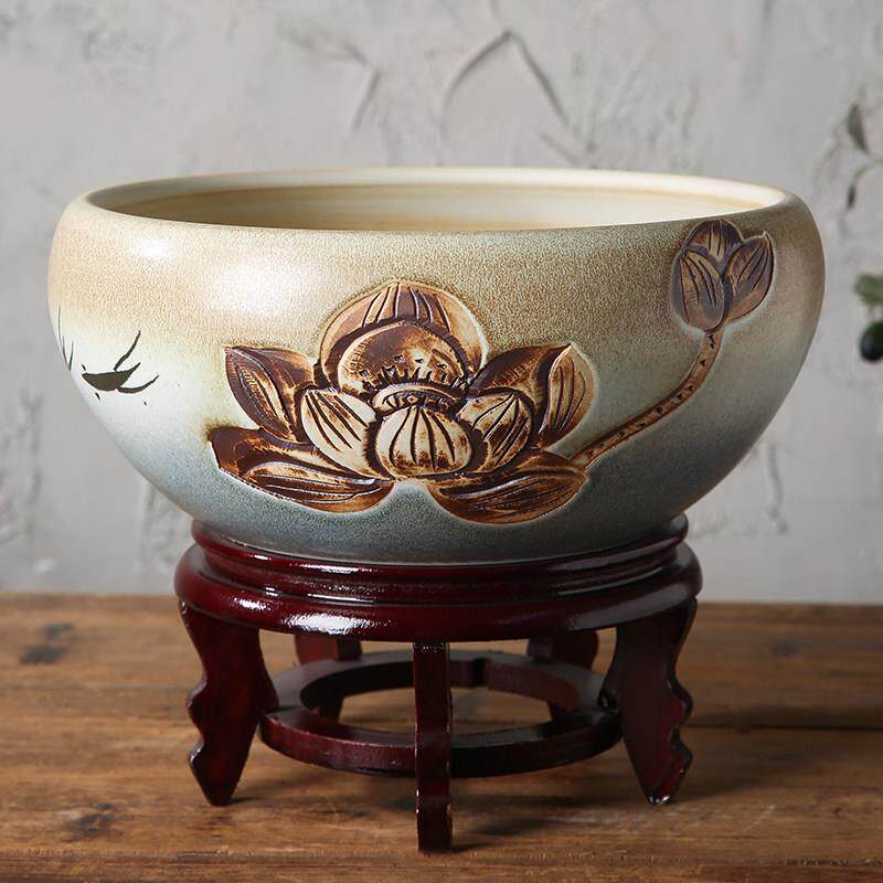 手工陶瓷雕刻景德镇鱼缸古法养乌龟缸荷花盆桌面招财容器造景客厅