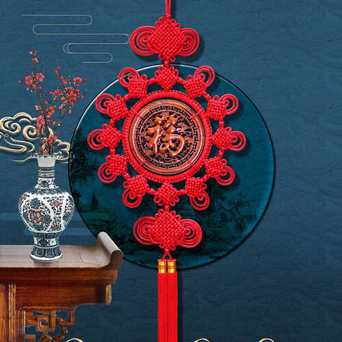 天翊吉团圆桃木中国结麒麟福字电视墙客厅玄关大号高档挂饰挂件