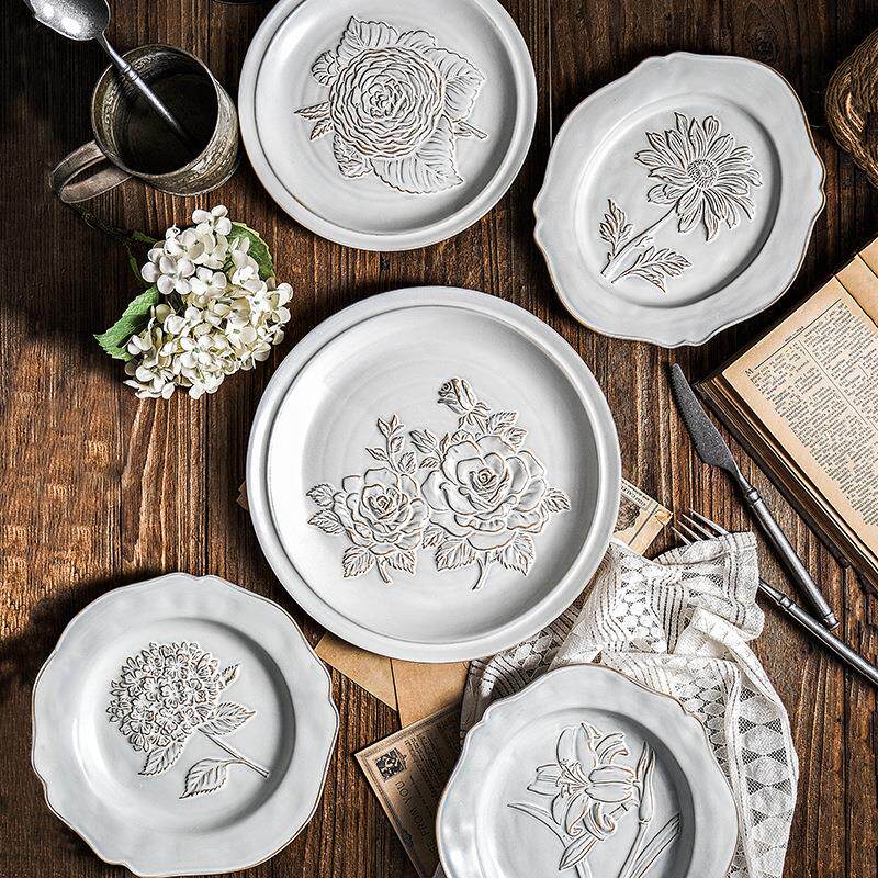 法式宫廷风复古浮雕圆盘甜品盘点心盘样板间装饰摆件西餐意面盘子