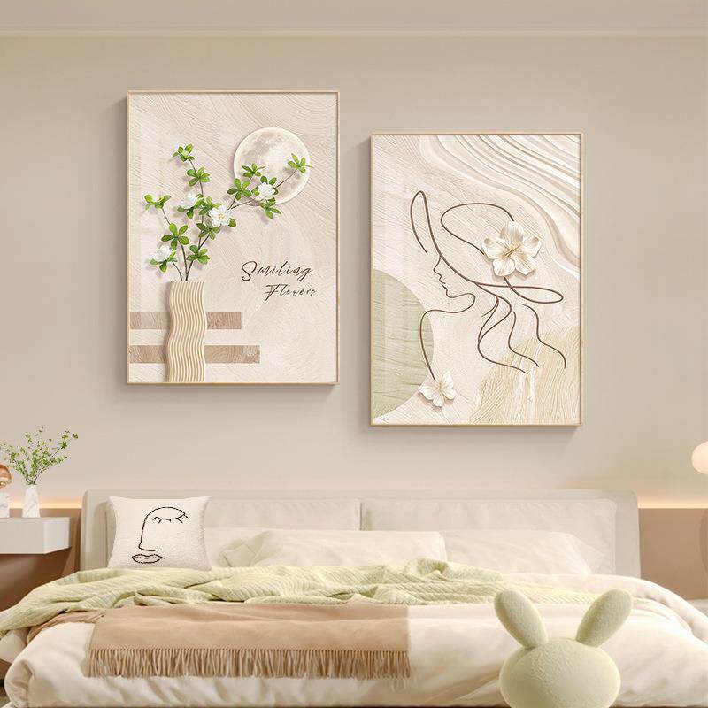 现代简约卧室床头装饰画物抽象线条人挂画油风原木风客厅奶壁xw37