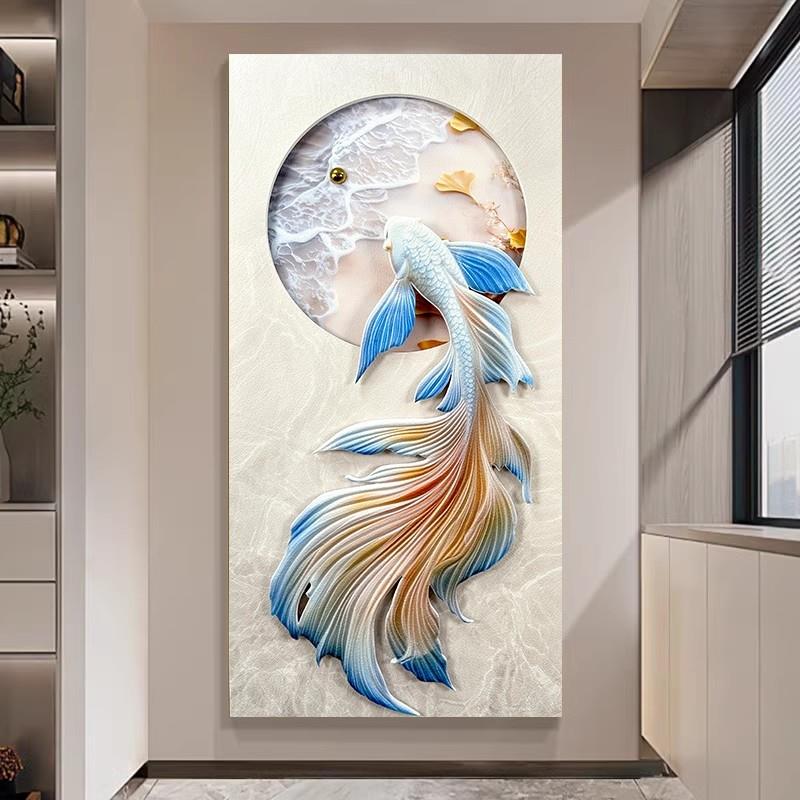 砂岩立体浮雕锦鲤图客厅玄关走廊过道装饰画3d入户带灯高级感挂画