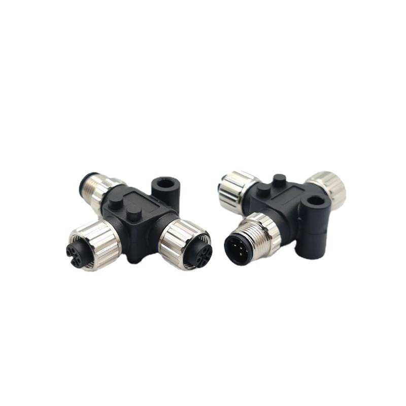 M12工业防水三通连接器 A B D S T编码T-型头带线公母头3-17P接头