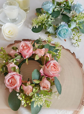 热销蜡烛玫瑰花环牡丹花环情人节玫瑰餐桌派对装饰烛台花环