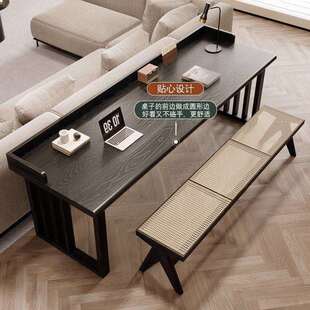 黑色实木书桌意式极简家用办公电脑桌双人学习桌沙发后圆边长条桌