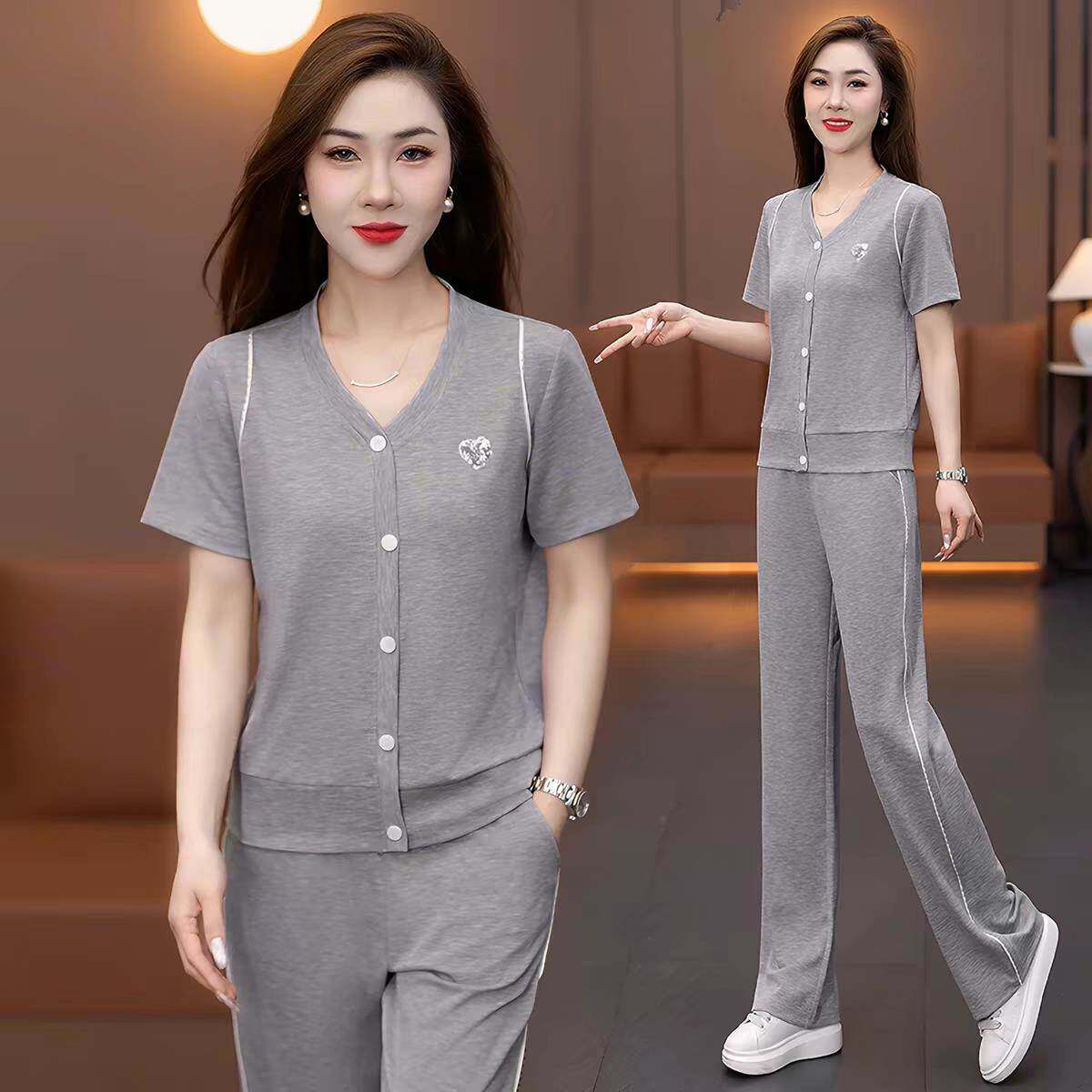休闲运动服套装女2026新款夏季时尚显瘦V领短袖薄款阔腿裤两件套