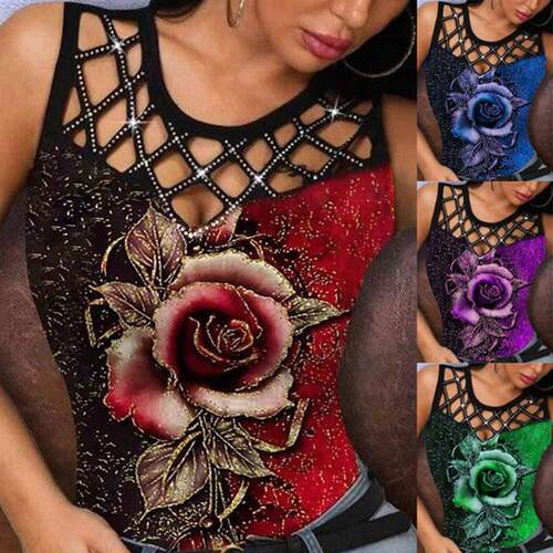 Women's single rose hollowed out vest, women's T-shirt