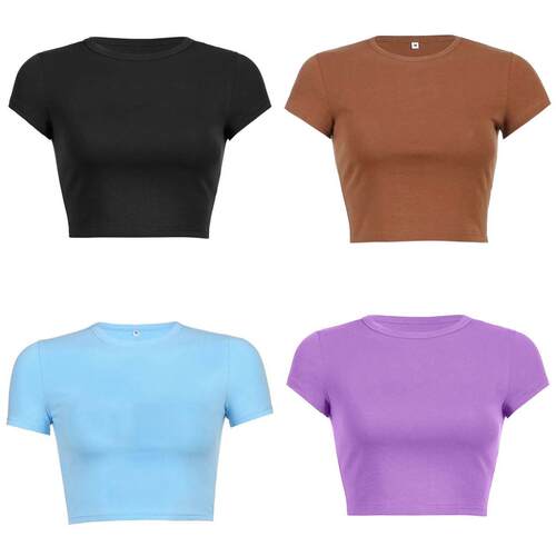 Women Round Neck Crop Tee Casual Sleeve Crew shirt Summer