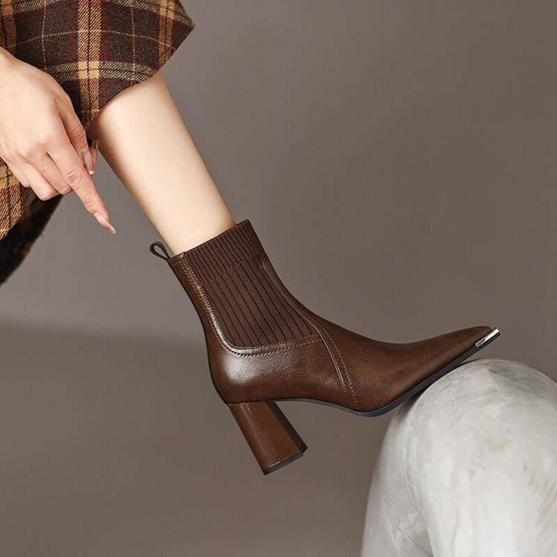 2025年冬季新款尖头高跟鞋英伦风短靴女粗跟复古针织毛线口弹力靴,女鞋,时装靴,淘宝优惠券,粉丝福利购,淘宝优惠卷