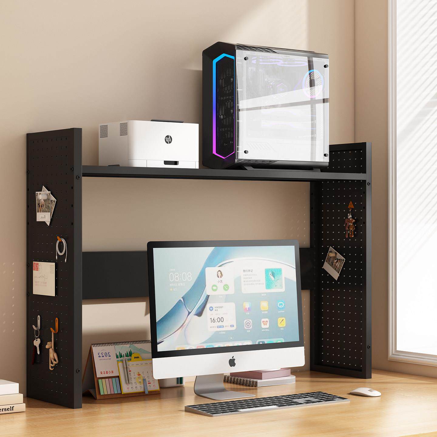 桌面双层金属置物架办公书桌电脑显示器收纳架多功能洞洞板主机架