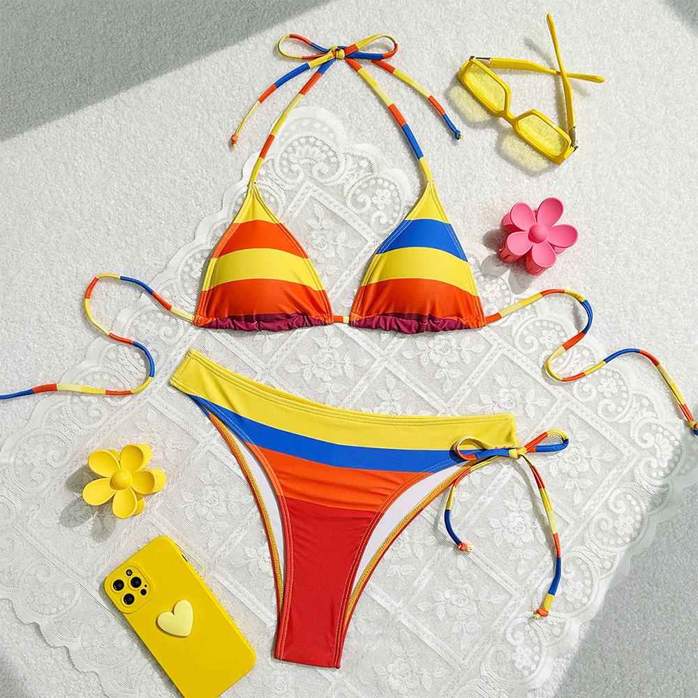swimsuit two-piece bow backless neck swimming striped color