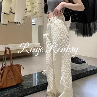 法国rouje renksy法式通勤风米白色菱形提花高腰阔腿裤女宽松显瘦