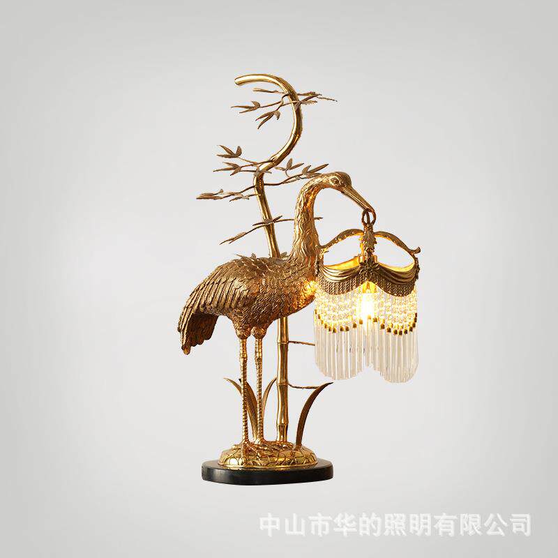 欧式创意仙鹤全铜水晶台灯别墅客厅书房灯法式温馨浪漫卧室床头灯