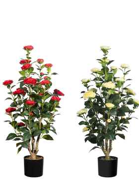 仿真绿茶花枝仿真茶花树摆件室内意桌面创树植假87583花绿植装饰